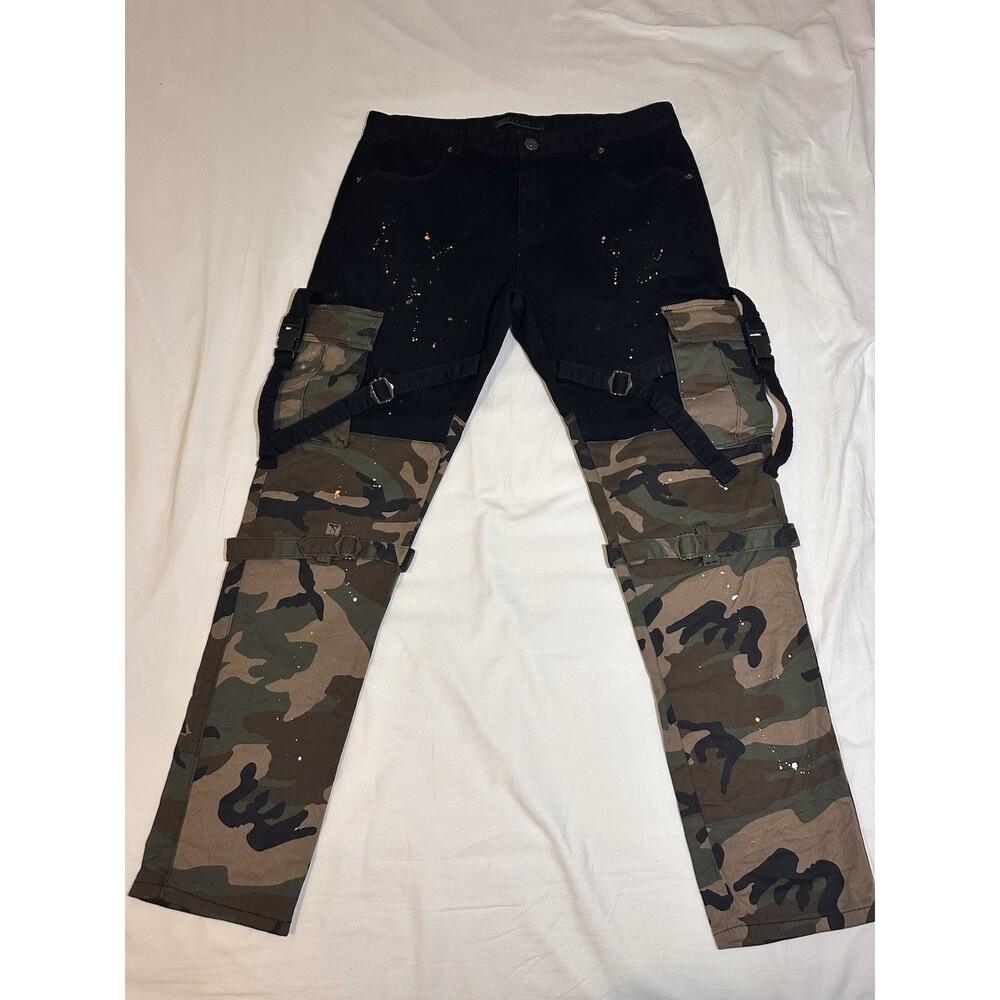 Kloud9 Cargo Pants Men 38x32 Camo Black Strap Tactical Paint Splatter